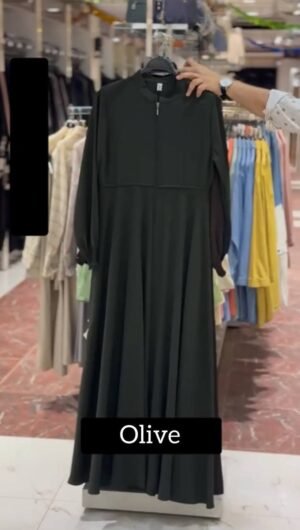 Barira Front Open Fully Zipper Abaya - OLIVE