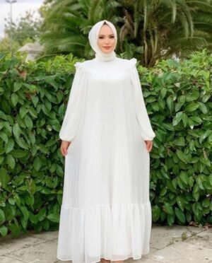 RIDA Beautiful Frill Plates work Abaya- WHITE