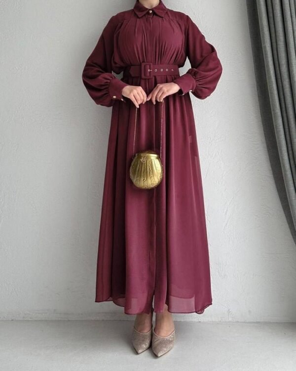 2025/05/1000452128.jpg Noor Stylish Belt Front Open Collar Abaya - MAROON