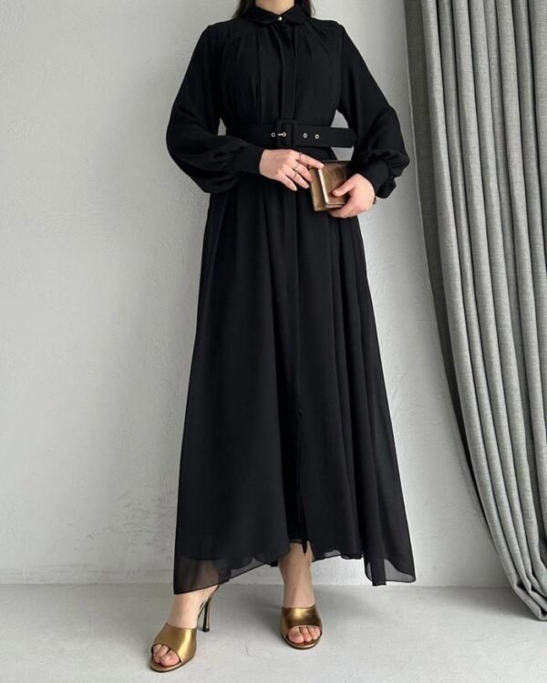 Noor Stylish Belt Front Open Collar Abaya - BLACK