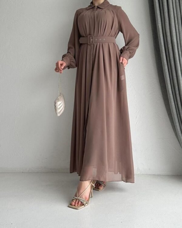 Noor Stylish Belt Front Open Collar Abaya - MOCHA BROWN
