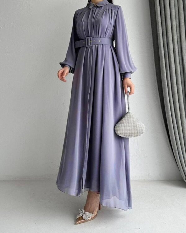 Noor Stylish Belt Front Open Collar Abaya - GRAY