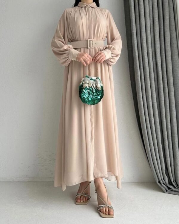 Noor Stylish Belt Front Open Collar Abaya - NUDE