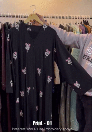Al-Husna Front Open Embroidery Work Abaya - print 1