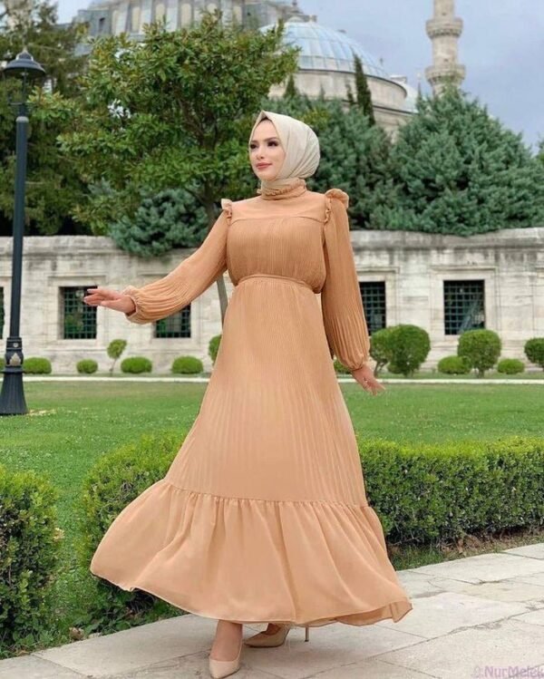 RIDA Beautiful Frill Plates work Abaya - DARK NUDE