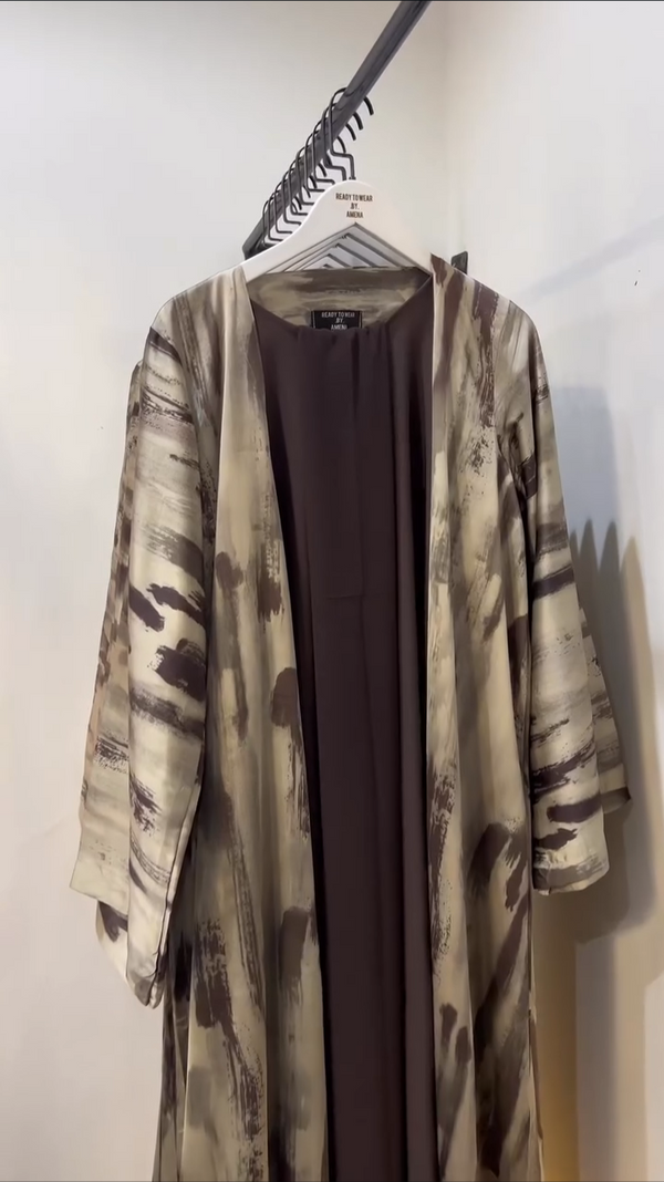 Nura Printed Double Shrug Abaya - BROWN ( NEW LAUNCH )