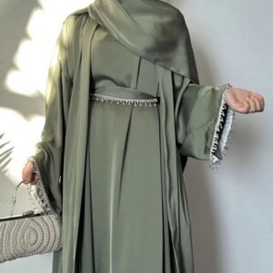 Saffia Double Shrug Lace Abaya | PISTA GREEN