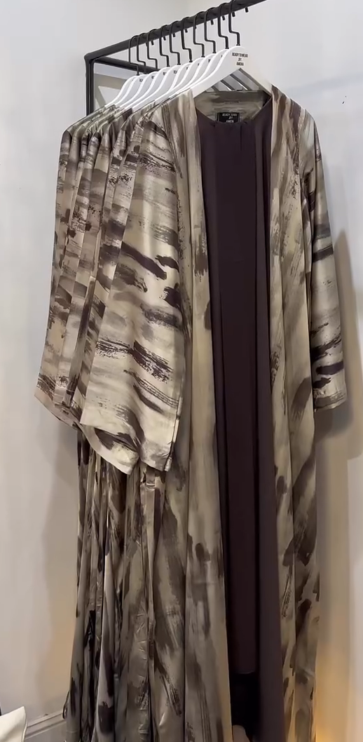 Nura Printed Double Shrug Abaya - BROWN ( NEW LAUNCH )
