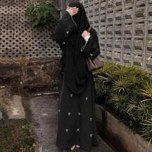 ZARQA BOW EMBROIDERY ABAYA | BLACK