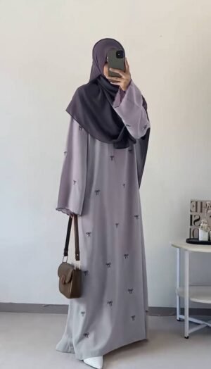 ZARQA BOW EMBROIDERY ABAYA | SAND GRAY
